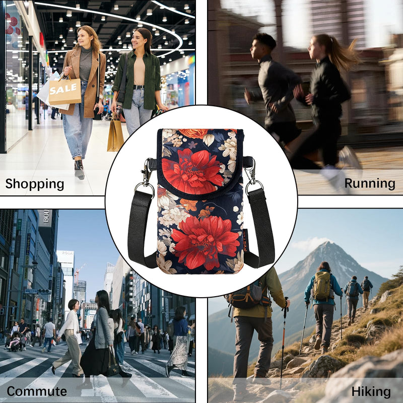 Neoprene Phone Sleeve Pouch Case Bag for Men Women w/Crossbody Strap/Neck Lanyard for iPhone 17/16/15/14 Pro Max, Samsung S25，Pixel 10 7.1 x 3.9 IN Red Peony and Daisy Cell Phone Sleeves