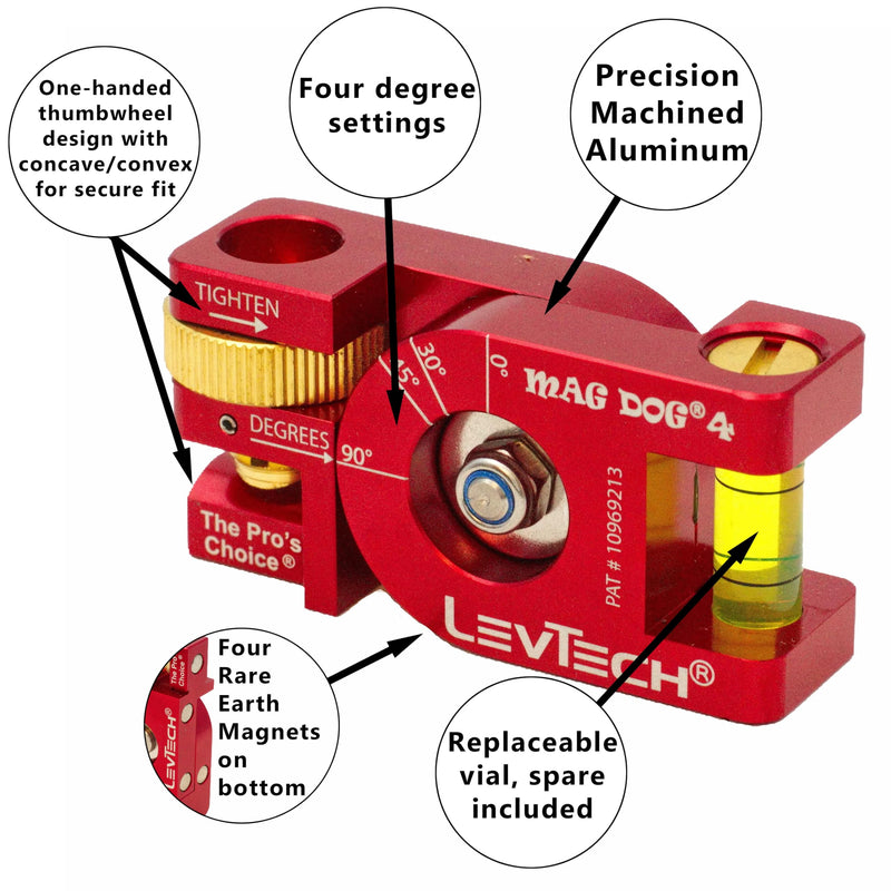 LEVTECH®, The PRO’s CHOICE®, MAG DOG® 4 Patented Conduit Bending Level with KWIK KLIK® 4 Angle Marks (0°,30°,45°,90°) | Replaceable Vial | 4 Rare Earth Magnets | ONLY 2.5” x 1.25” x .75” @ 3.5 oz