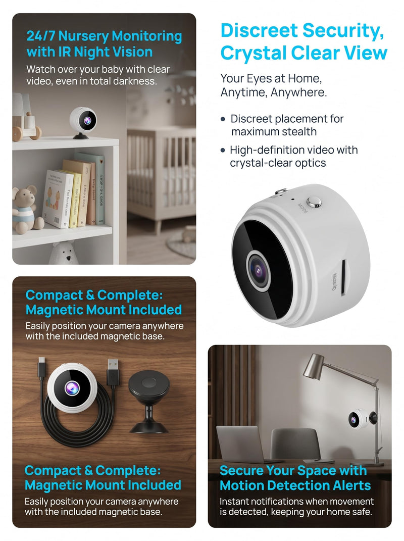 Mini WiFi Camera Indoor Wireless Security Camera with Micro SD Slot, Portable Smart Home Monitor, Magnetic Mini Camera for Office Travel Room white 2