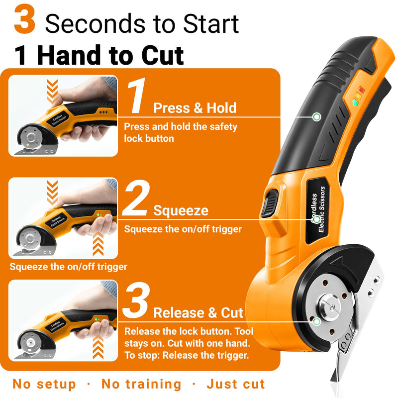 Electric Scissors with 5 Blades & Storage Bag – Cordless Rechargeable 4V Box Cutter, 2000mAh Battery, LED Light & Safety Lock, Heavy-Duty Cutting for Cardboard, Leather, Cloth, Carpet & Plastic Orange