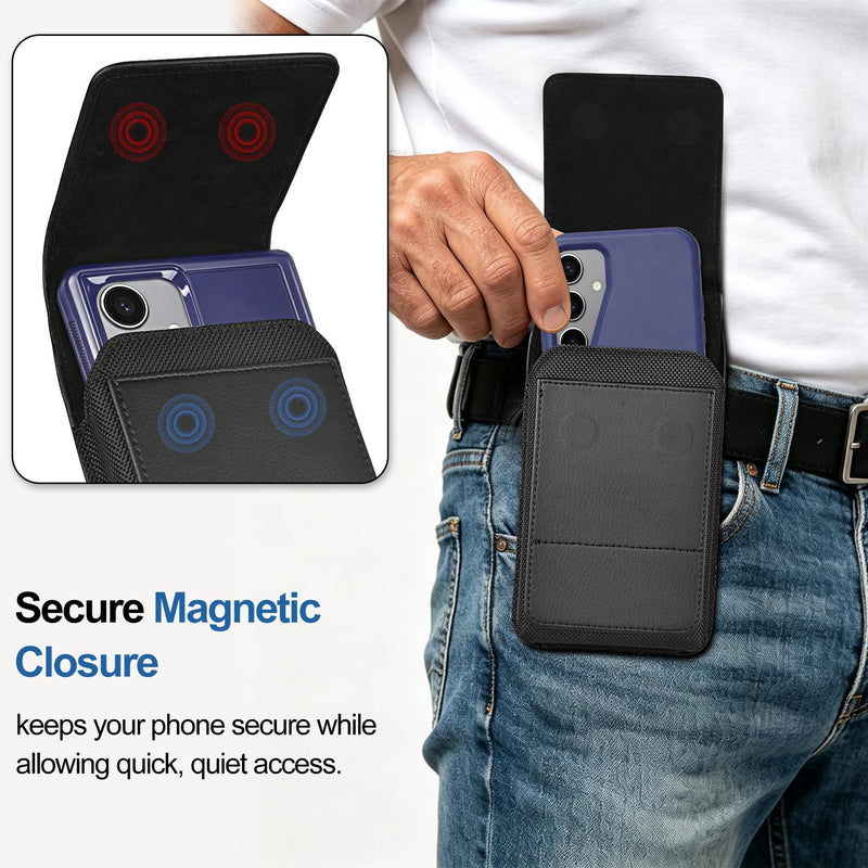 Leather Phone Holster for Samsung Galaxy A16, Black | Belt Clip, Magnetic Closure, Card Holder, Premium PU Leather, Elastic Side Bands, Soft Lining, Fits Protective Cover on