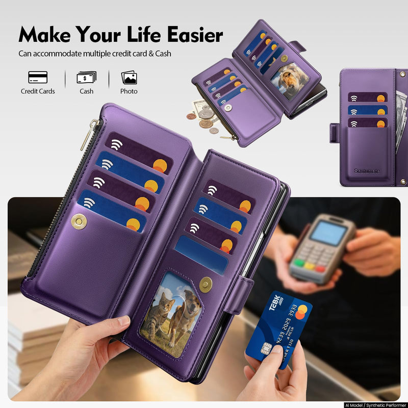 for Samsung Galaxy Z Fold8 Ultra Wallet Case with Card Holder Slots,RFID Blocking PU Leather Flip Folio Kickstand,Wrist Strap Zipper，Women & Men Phone Cover Case for Fold 8 Ultra,Purple Purple Samsung Galaxy Z Fold 8 Ultra