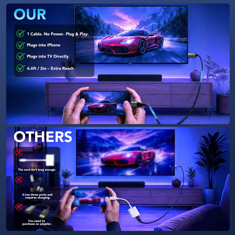 Lightning to HDMI Adapter for iPhone to TV/Projector/Monitor | 1080P@60Hz Screen Mirroring Cable | Plug & Play, No Power Needed | 6.6ft/2m Compatible with iPhone14/13/12/11/XS/XR/8+/7/iPad Space Gray