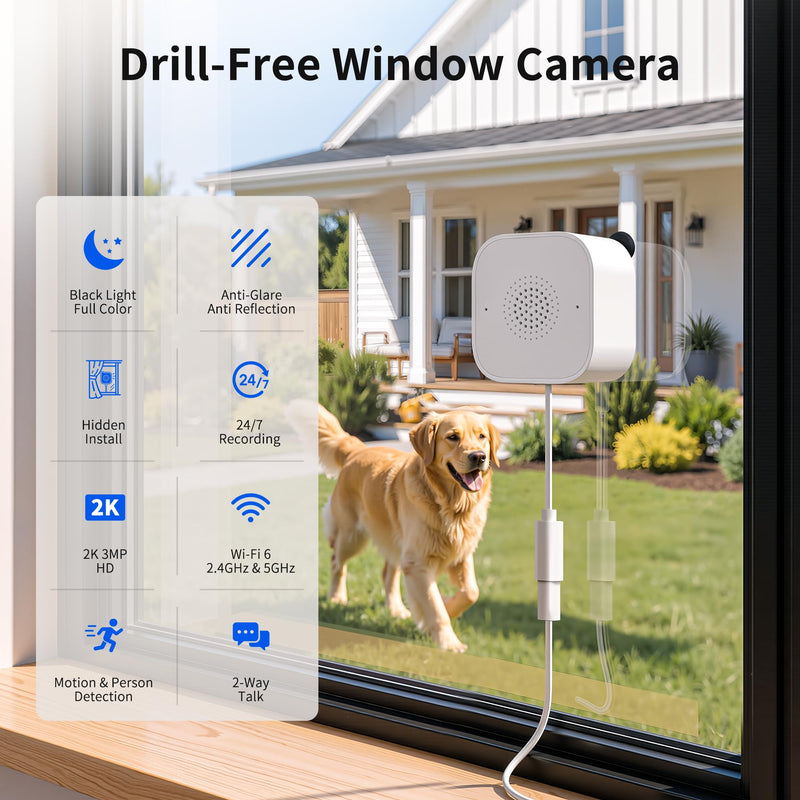 2K No-Drill Window Camera, WiFi Window Cameras for Home Security, 2 Pack | 2.4GHz & 5GHz WiFi, Anti-Glare, Magnetic Mounted, Color Night Vision, 24/7, Apartment Security, Human & Motion Detection