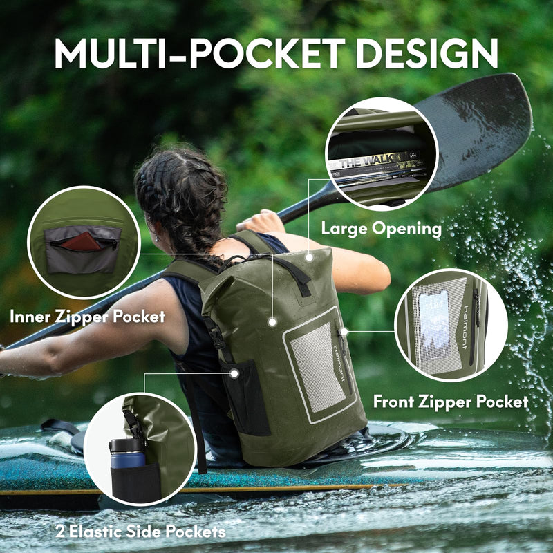 Haimont Waterproof Backpack Dry Bag Floating Roll Top Dry Sack Durable Backpack for Kayaking, Surfing, Rafting, Fishing, 30L Army Green
