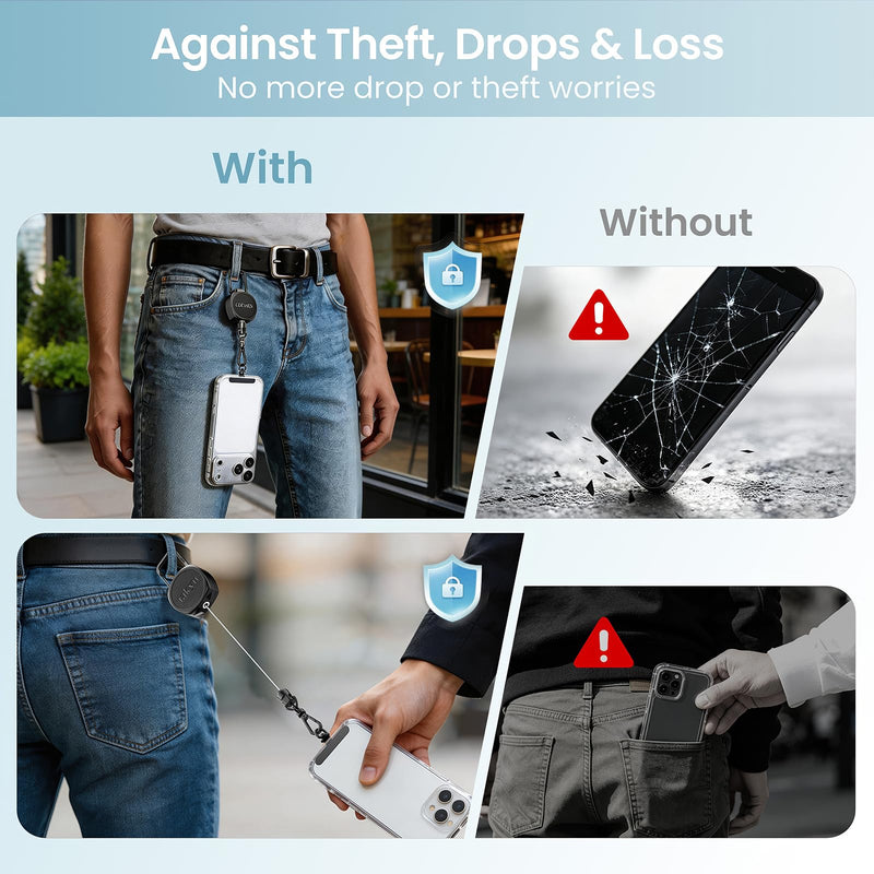 Anti-theft Phone Tether, Retractable Steel Line Phone Lanyard | Cell Phone Strap with Metal 360° Tether Tab and Carabiner for Outdoor Skiing Hiking Climbing Fishing Travelling, Black