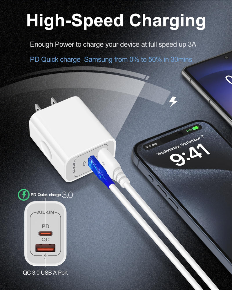 USB-C Charger Block 20W Dual Port with USB-A and USB-C, 2 Pack | Fast Charging Box, Dual Port Phone Plug, Multi Pack, 20W Power Adapter, USBA & USBC Cube Wall Outlet for Apple iPhone Android USB A & USB C
