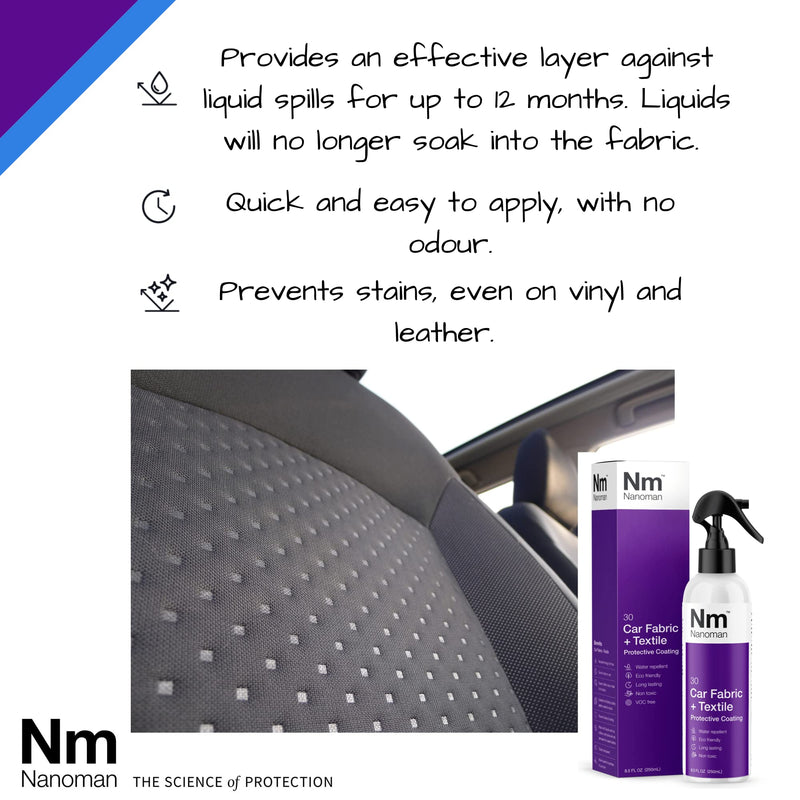 NANOMAN Nano-technology Car Fabric & Upholstery Care - Hydrophobic Waterproof Protector and Stain Guard for Auto Interior Fabrics, Seats, Carpets and Floor Mats. 8.5 Fl Oz (Pack of 1)