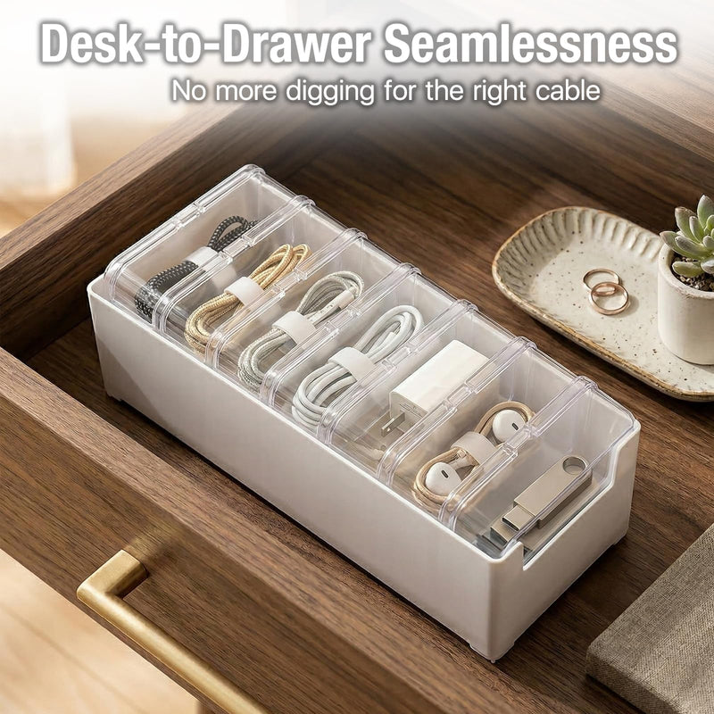 2 Pack 7 Individual Cable Organizer Boxes with Base | Tangle-Free Individual Compartments; Drawer & Travel Ready; Compact Desktop Organization; Easy-Access Open Lid
