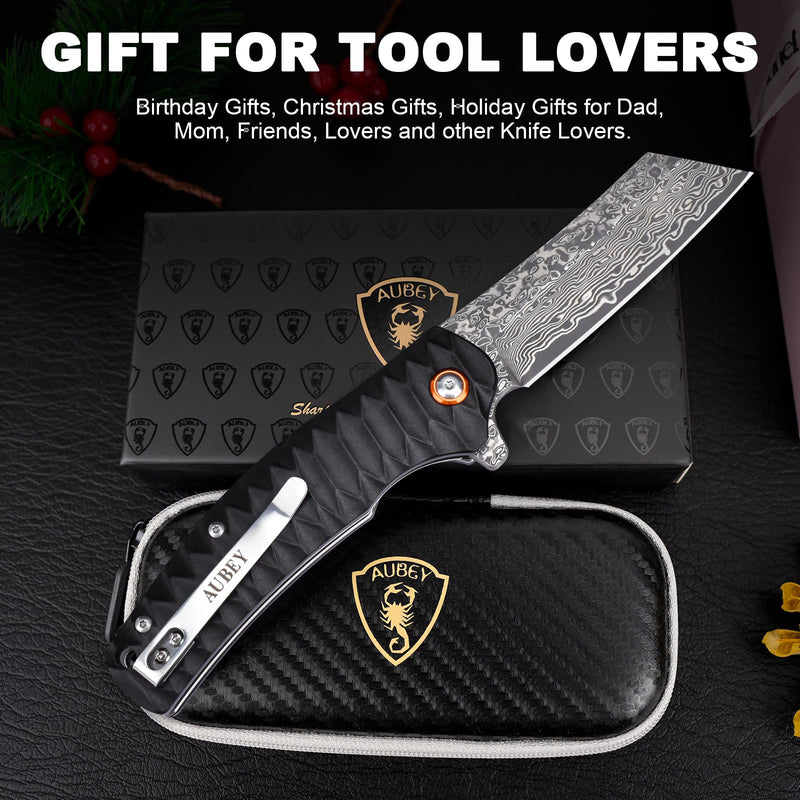 AUBEY Damascus Pocket Knife, 3.34" Damascus Steel Hollow Grind Blade, Folding Knife with Ball Bearing, Aluminum Handle, EDC Knife for Outdoor Camping Hunting A-Black Aluminum Handle