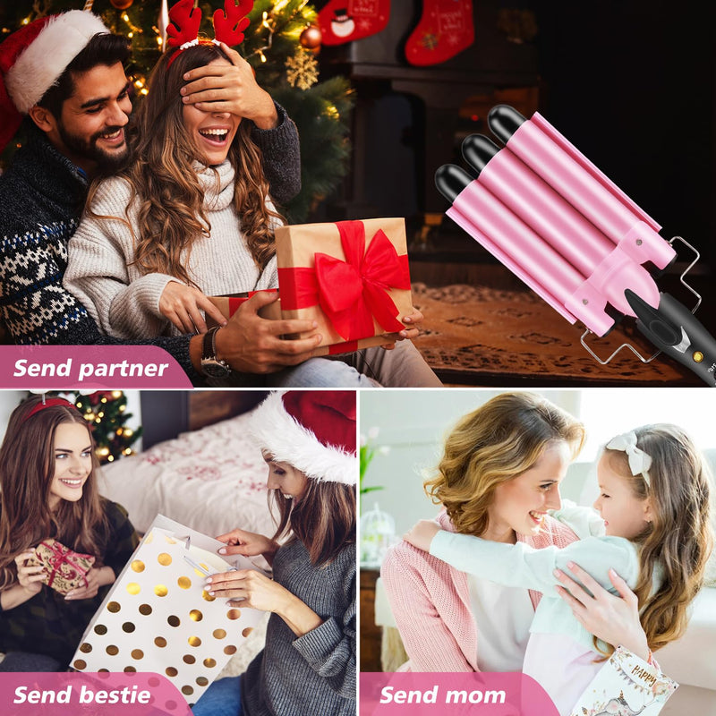 [AUSTRALIA] - 3 Barrels Hair Waver, 25mm Curling Iron, Beach Mermaid Waves Hair Crimper | Curling Tongs, Hair Curler with 2 Temperature Control Quick Heating, Waver Curling Wand for Long or Short Styling Pink