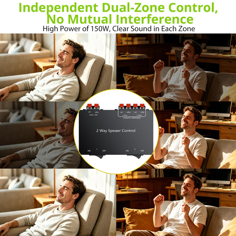 LiNKFOR 2-Zone Speaker Selector Switch Box - 1 Input 2 Output Audio Splitter for Stereo Amplifier Receiver - 150W/Channel, Independent 1/2 Buttons, Passive Multi-Room Home Audio Distribution