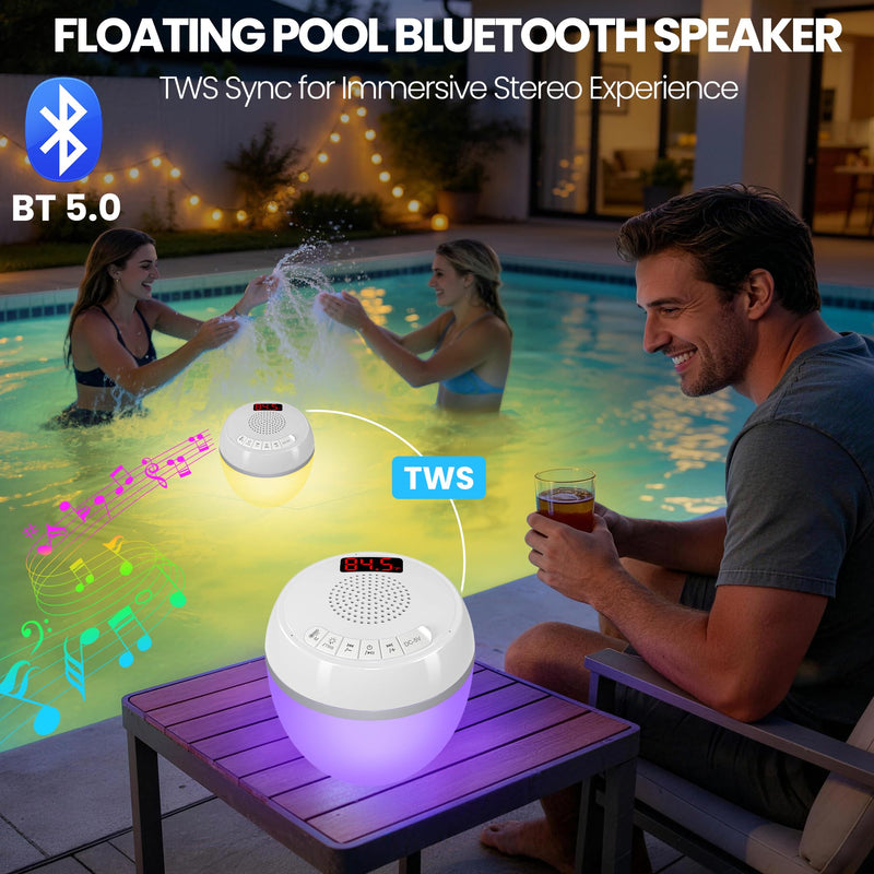 AearKing 3in1 Floating Pool Speaker with Digital Pool Thermometer & Lights | RGB Lights, TWS, IP68 Waterproof, Bluetooth 5.0, 360° Surround Sound, LCD Temperature Display, ABS,USB Charging White