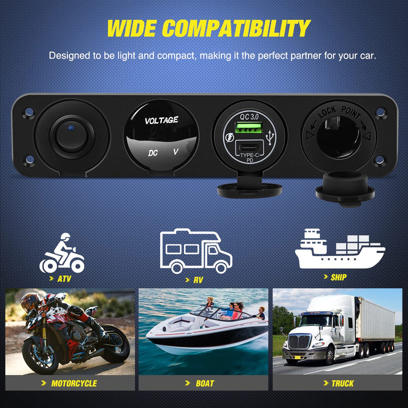 Nilight 4 in 1 ON/Off Charger Socket Panel PD Type C and QC 3.0 USB Power Outlet LED Voltmeter Cigarette Lighter Rocker Toggle Switches for Truck Car Boats RV Type C + USB Blue