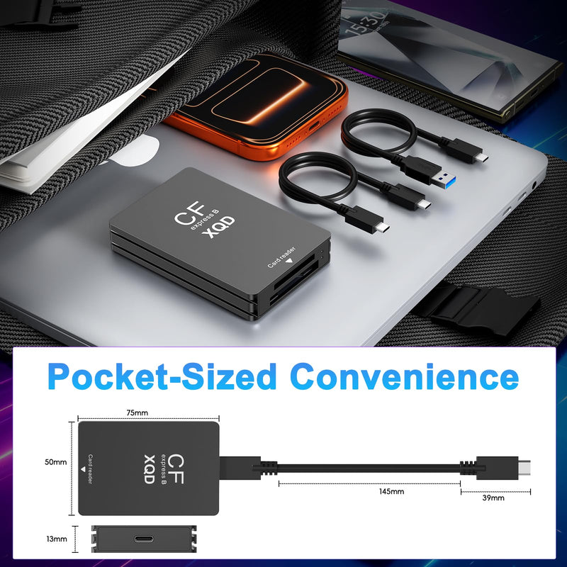 3 in 1 CFexpress Type B & XQD & SD Card Reader 10Gbps USB3.1 Gen2, Aluminum Typ B CFexpress Adapter Camera External Memory Card Reader Support Windows/Mac OS/Linux/Android with USB-A/USB-C Cable,Black Black