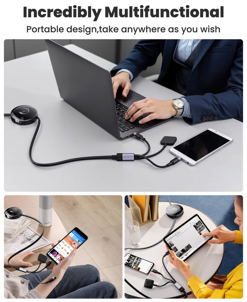 100W Retractable 2X USB-C Charging Cable with Apple Watch Charger - 3-in-1 Dual USB C (100W/10W) and iWatch Fast Charger, Portable Travel Multi Charge Cord for iPhone 15/16/17, iPad, Android, MacBook