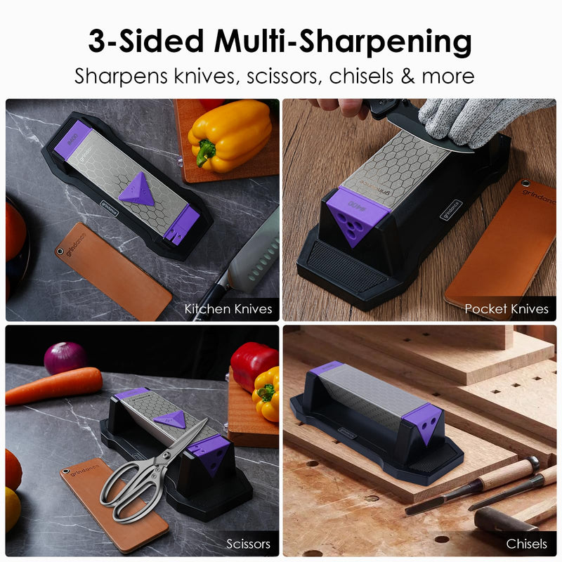3-Sided Diamond Sharpening Stone 400/1000/8000 Grit Whetstone with Angle Guide, Non-Slip Base, Leather Strop & Glove Premium Knife Sharpener for Kitchen, Hunting & Outdoor