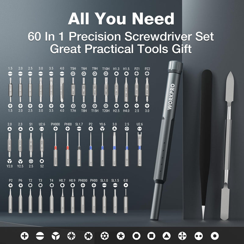 WORKPRO 60-in-1 Precision Screwdriver Set with Pop-up Magnetic Case, Well-organized CRV Small Screwdrivers, 360°Spin Mini Screw Driver Kit for Electronics, Phone, Computer, PC, Watch, Eyeglass