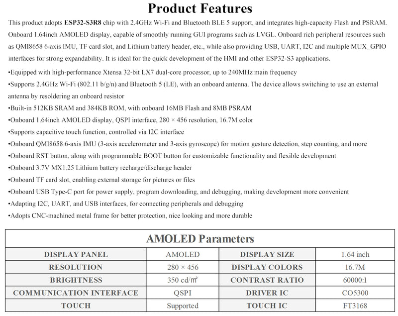 ESP32-S3 1.64inch AMOLED Touch Display Development Board, 280x456, QSPI Interface, Onboard Accelerometer and Gyroscope Sensor and Other Interfaces, ESP32 with Display