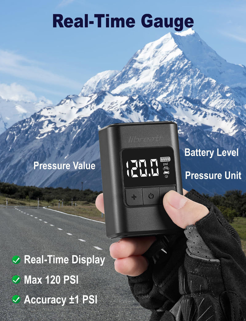 Bike Pump with Gauge, 120 PSI Mini Electric Bike Tire Pump, Auto Stop Air Pump with Presta and Schrader Valve, Portable Rechargeable Fast Inflation for Road Mountain Bike Bicycle Accessories