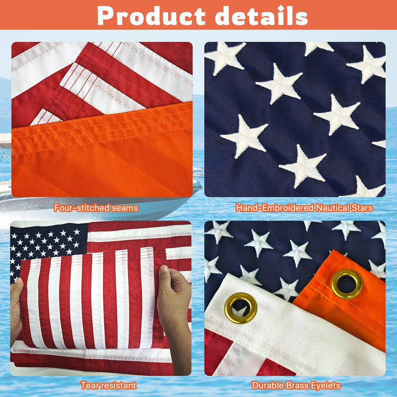 2 Pack Boat Flag Kit – 16"x24" American Flag with 50 Stars, Orange Safety Flag, 2 Stainless Poles, Holders & Bag – for Pontoon, Kayak, Tow Sports(16“x24”)