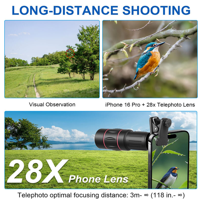 28X Telephoto Zoom Lens with Tripod for iPhone Samsung Android Camera, HD Clip-On Monocular Telescope for Moon, Concerts, Wildlife, Sports Events, Bird Watching, Portable Smartphone Lens Kit