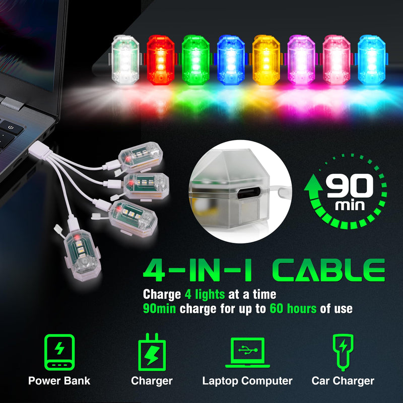 Wireless RGB LED Aircraft Strobe Lights with Remote Control, 8 Colors 10 Flash Modes DIY Mode Anti-Collision Lights Waterproof Emergency Warning Light for Drone Car Motorcycle Bike 8 Pcs