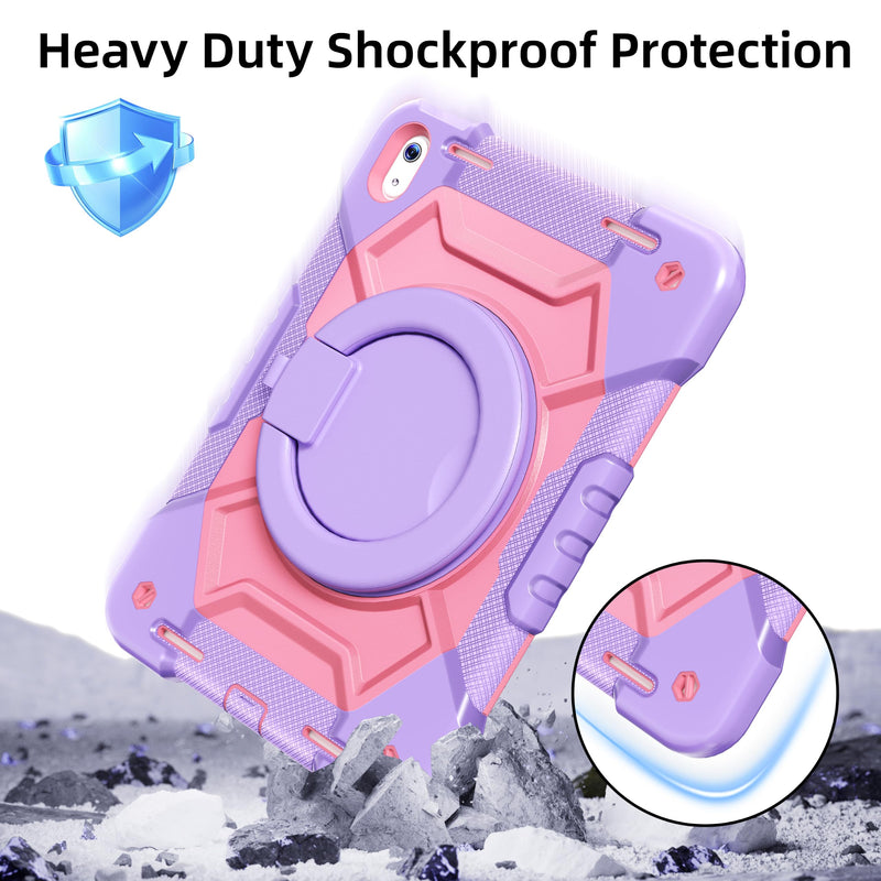 Case for iPad (A16) 11th Generation 11 inch 2025/10th Generation 10.9 inch 2022, Shockproof Cover with Screen Protector/360° Rotate Handle/Bracket/Pen Holder/Shoulder Strap (Purple+Pink) Purple+Pink