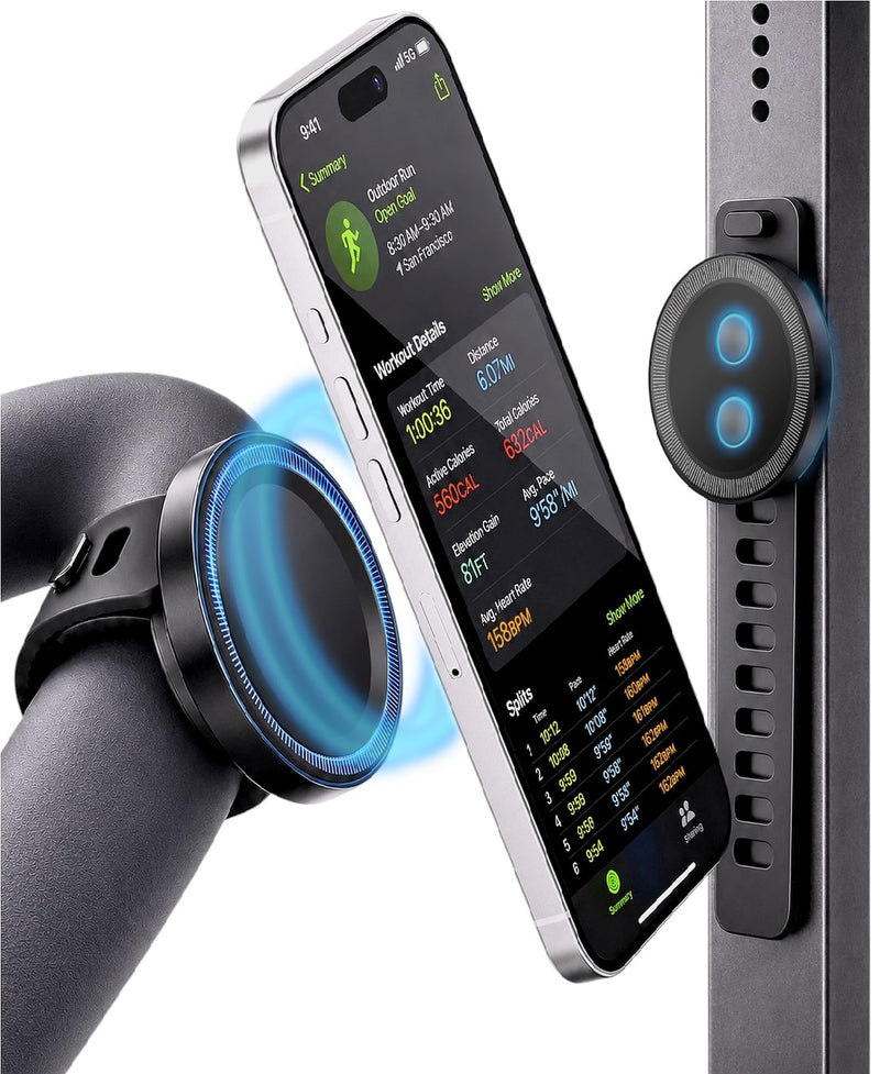 ENCASED Fitness Bike Magnetic Phone Holder, Strap Bar Mount for MagSafe | Strong Grip Magnets, Ultra-Secure Rubber Strap for Treadmills, Peloton Handlebars, Bicycles, Strollers and Gym Equipment