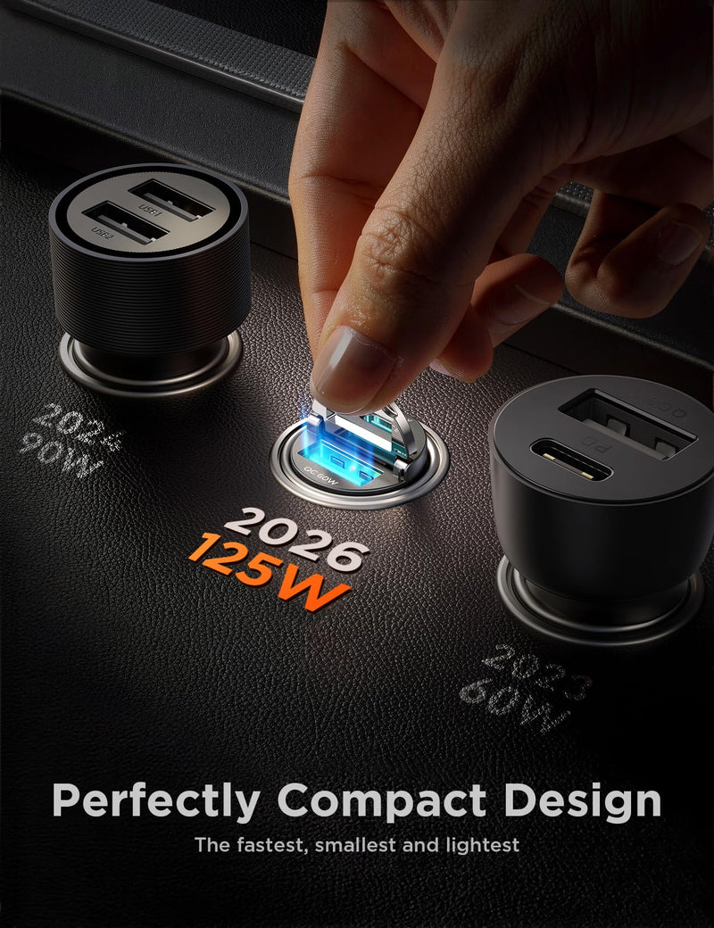JOYROOM 2-Pack 125W USB-C Car Charger, 2-Port Cigarette Lighter USB Charger | Low Profile Flush Fit w/ Pull Ring, 65W PD USB-C + 60W QC USB-A, Dual-Port Fast Car Charger for iPhone, Galaxy, Pixel, iPad