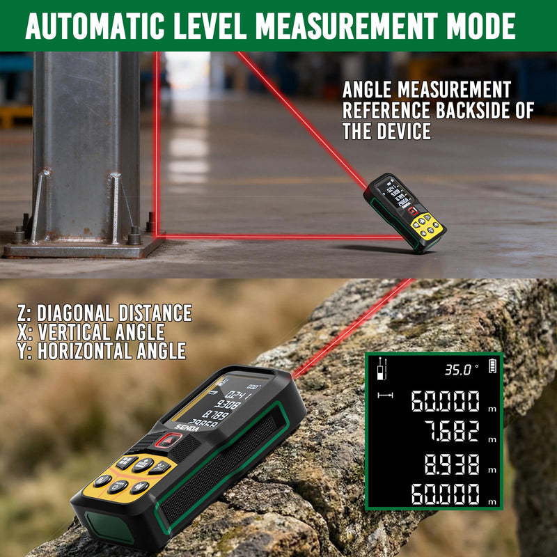 SENDA Laser Measure, 197Ft Digital Laser Measurement Tool with LCD Backlit Display, 1/16in Accuracy, in/Ft/Ft+in/M, 20 Sets Data Storage, Laser Distance Meter, Pythagorean Mode Distance/Area/Volume SD-C3