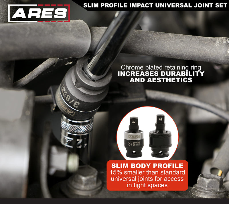 ARES 22036-3-Piece Slim Profile Impact Universal Joint Set - 1/4-Inch, 3/8-Inch and 1/2-Inch Drive Chrome Moly Steel Impact Grade U-Joint Sockets – Slim Body Profile for Superior Access 3-Piece Set Slim Impact Universal Joint