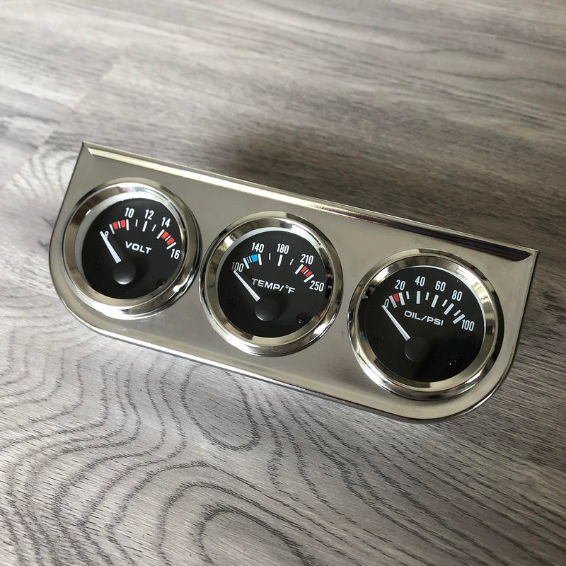 Chrome 3 in1 Triple Auto Gauge Meter Kit 52mm (8-16V Volt Meter +100-250℉ Water Temperature Gauge+ 0-100 psi Oil Pressure Meter) with Black Console for 12V Cars Multicolored