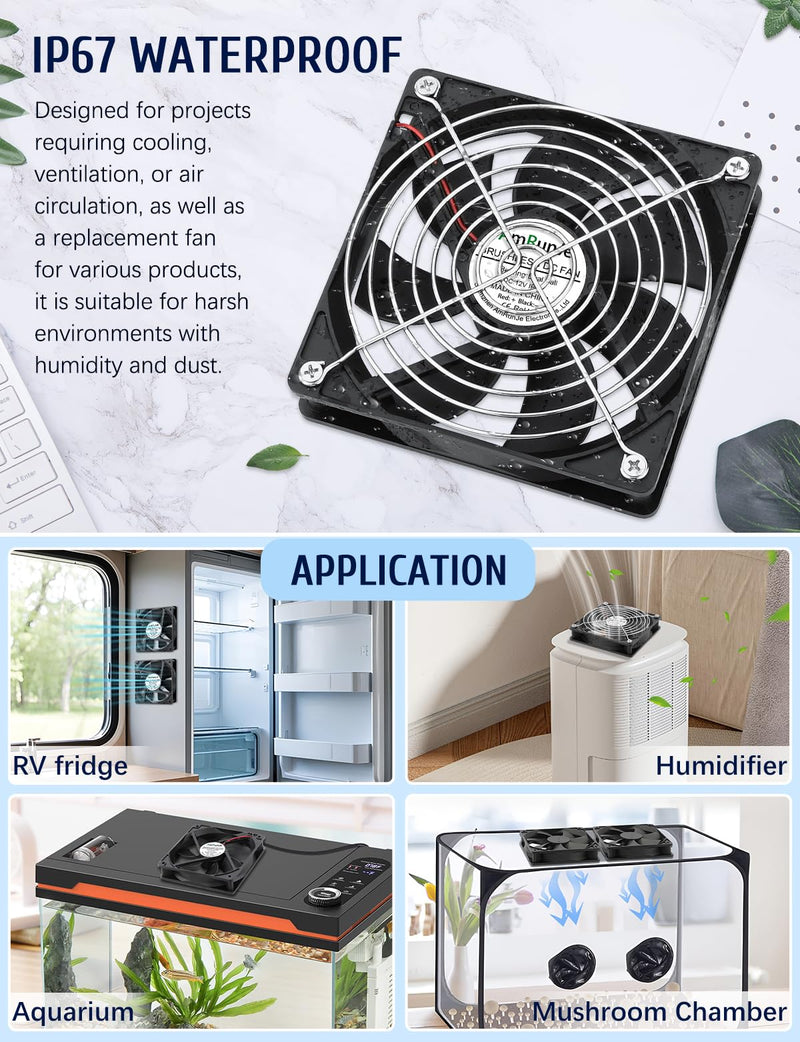 120mm Waterproof Fan with Speed Controller IP67 DC 4v-12v | 110v 120v Small Cooling Fan Dual Ball Bearing for rv Fridge Freezer Grow Tent Biltong Box Server Cabinet Aquarium