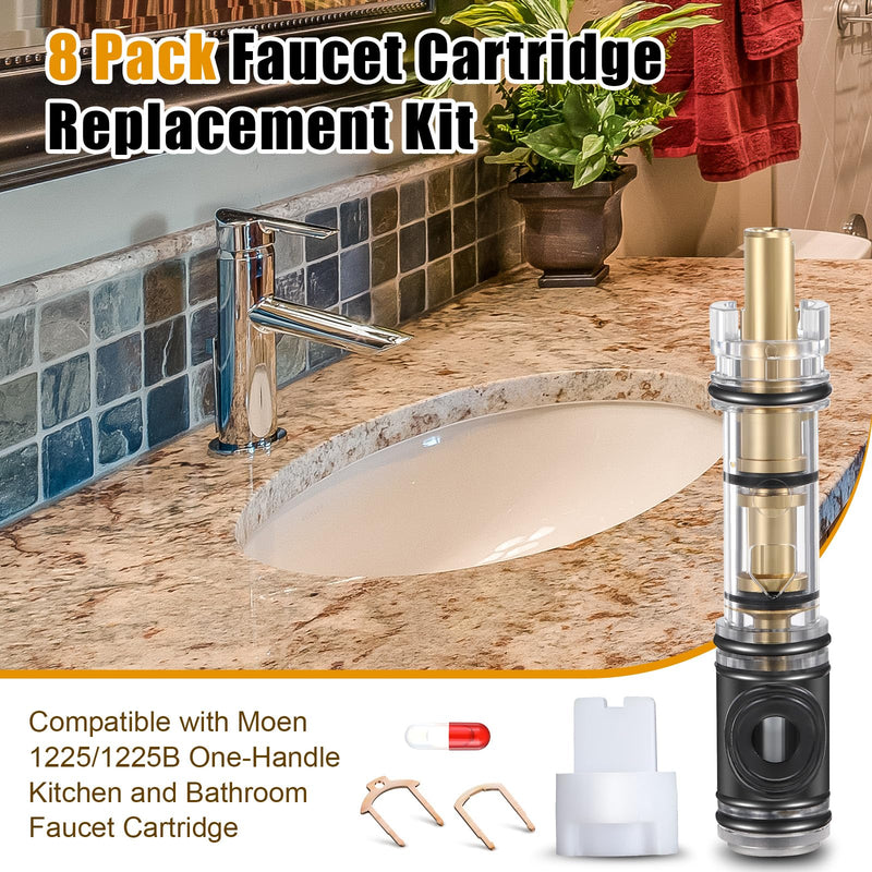 8 Pack Dual Seal Cartridge Replacement Compatible with Moen 1225 1225B Cartridge, One Handle Kitchen and Bathroom Faucet Cartridge Fits Single Handle Faucet Showers, Brass