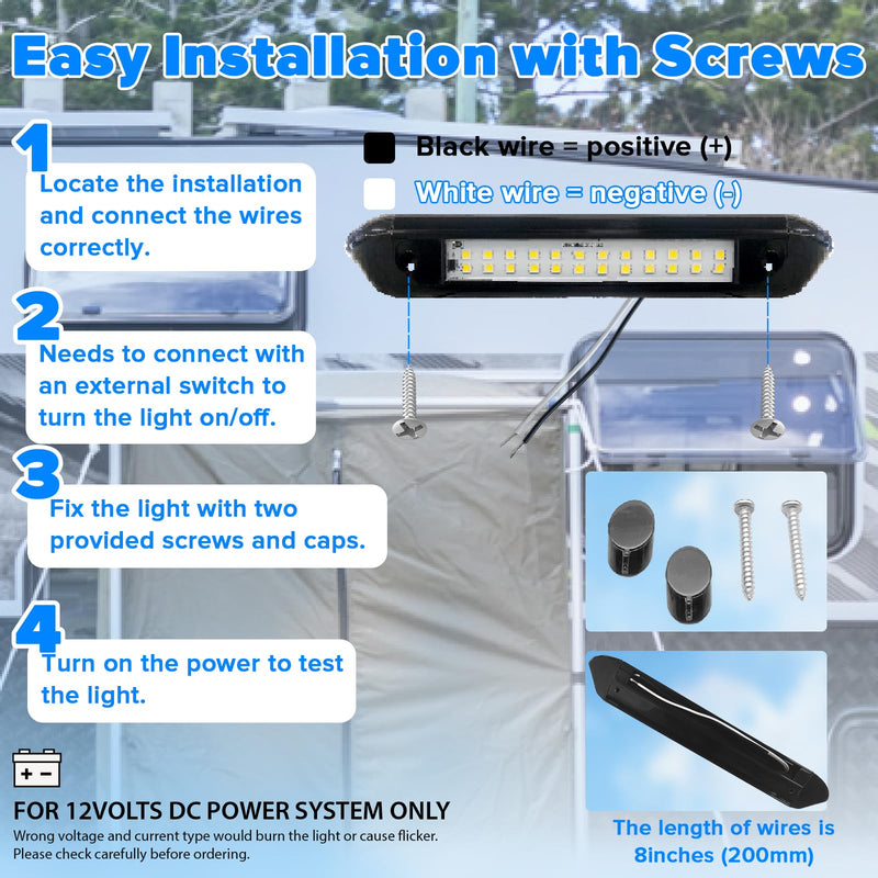 RV Lights Exterior 12V RV Porch Light 12 Volt LED Trailer Lights Outdoor Awning Light RV Accessories for Outside 7000K Cool White Lighting 5.4W 350Lumens 10inch Black Shell, no Switch, Pack of 2 9.84 Black-24-LEDS