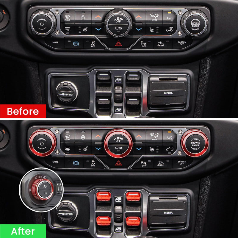 8PCS Metal Button Knob Cover for Jeep Wrangler JL JLU 2018-2025 & Gladiator JT Accessories Window Switch Button Cover Volume Radio Air Conditioner Headlight Switch Knob Cover (Red) Red