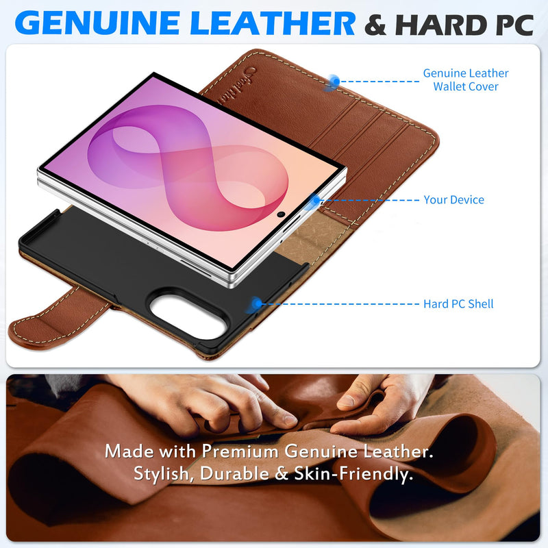 SHIELDON Genuine Leather Wallet Case for Galaxy Z Fold 8 7.6", Retro Brown | Magnetic Closure, RFID Blocking, Credit Card Holder, Kickstand, Folio Design, Shockproof Protective Cover for Men Women