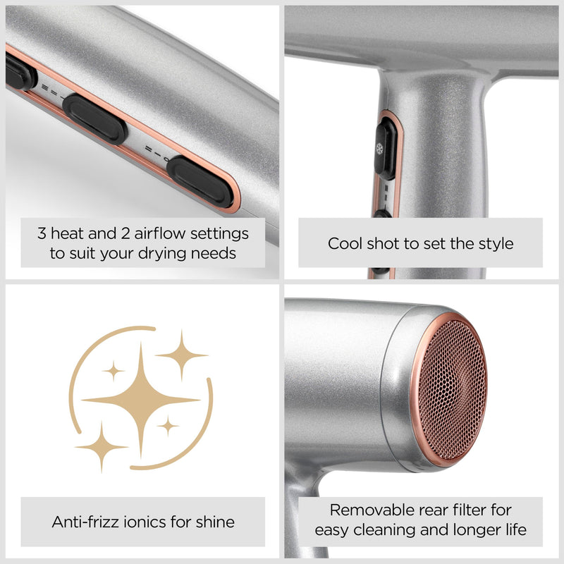 BaByliss Cosmos Compact Lightweight Hair Dryer - 2100W Powerful Sleek Blow Dryer, Diffuser, Ionic Frizz-Free Conditioning, 3 Heat & 2 Speed Settings, Silver, D580DU