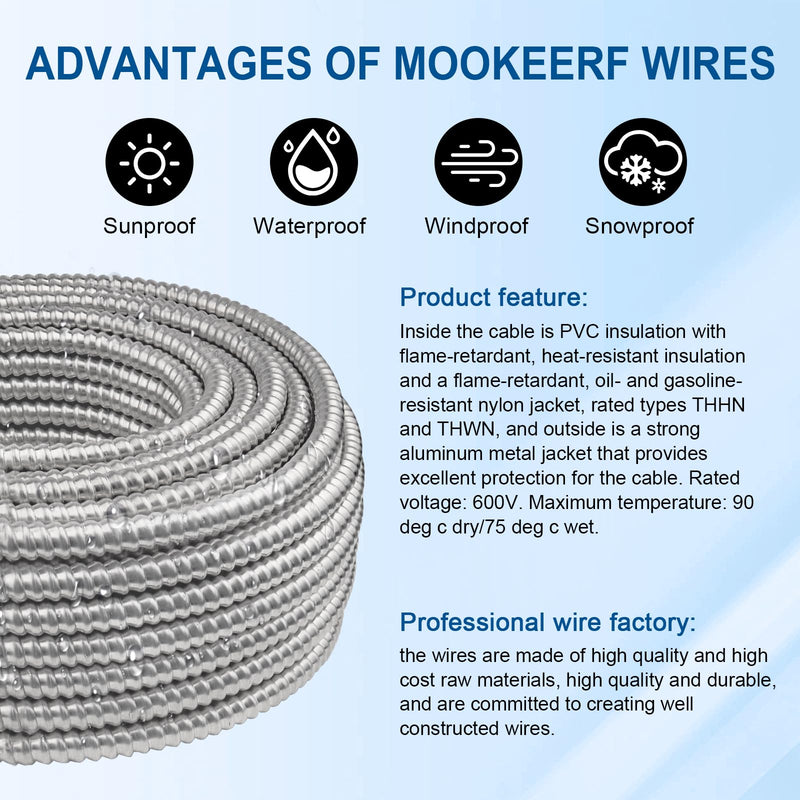 10/2 MC Cable with Ground - 10FT Pure Copper 10AWG/2 Metal Clad Wire with Aluminum Armor 10 Gauge 2 Conductor Type MC Alum Cable