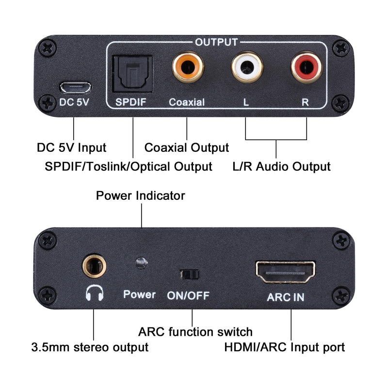 HDMI ARC Adapter, Tendak ARC Audio Extractor with Digital Optical TOSLINK SPDIF/Coaxial and Analog 3.5mm L/R Stereo Audio Converter for HDTV Soundbar Speaker Amplifier