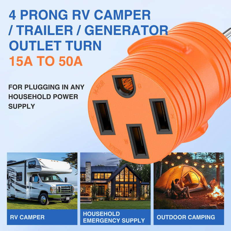 Nilight 15Amp to 50Amp RV Power Adapter 125 Volt Heavy Duty RV Plug 5-15P to 14-50R 15A Male to 50A Female Receptacle for RV/EV Camper Caravan Trailer Generator 15Amp Male to 50Amp Female