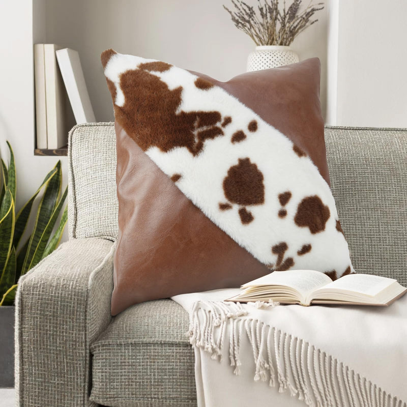 TOMWISH Faux Fur and Artificial Leather Throw Pillow Covers 18x18 Set of 2,Western Decor Christmas Decorative Modern Throw Pillows for Bedroom Living Room Sofa Car Cushion Cover(White and Brown) 18" x 18" (Pack of 2) Faux Fur and Artificial Leather-1
