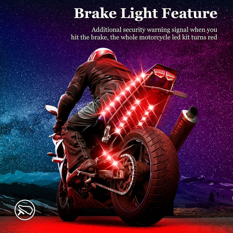 8PCS RGB Motorcycle LED Underglow Kit, App Control Dual Remote Multi-Color IP68 Waterproof Music Sync Accent Light with Brake Turn Signal for Harley Honda Golf Cart 8PCS