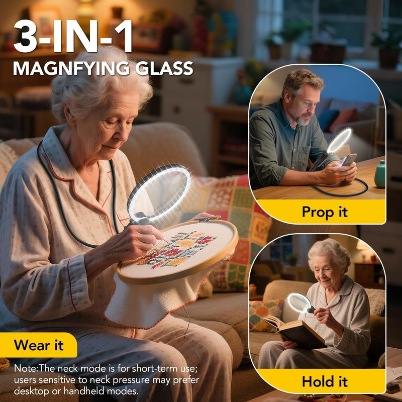 2500mAh Magnifying Glass with Light, 5X/10X Hands Free Magnifier for Reading, Sewing, Knitting, Cross Stitch & Crafts, Lighted Magnifier for Seniors & Low Vision 2500mah | No Display Neck-Worn Magnifier