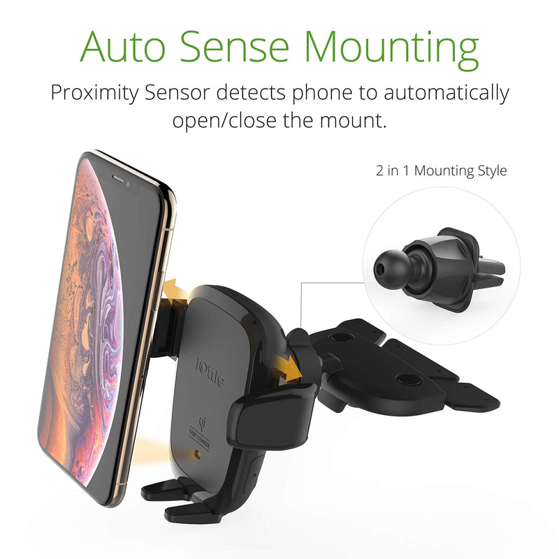iOttie Auto Sense Qi Wireless Car Charger + Extra Mounting Base - Automatic Clamping Wireless Charging CD & Air Vent Phone Mount for Google Pixel, iPhone, Samsung Galaxy, Huawei, LG, & Smartphones Auto Sense Air Vent/CD Mount + Dashboard Mounting Base