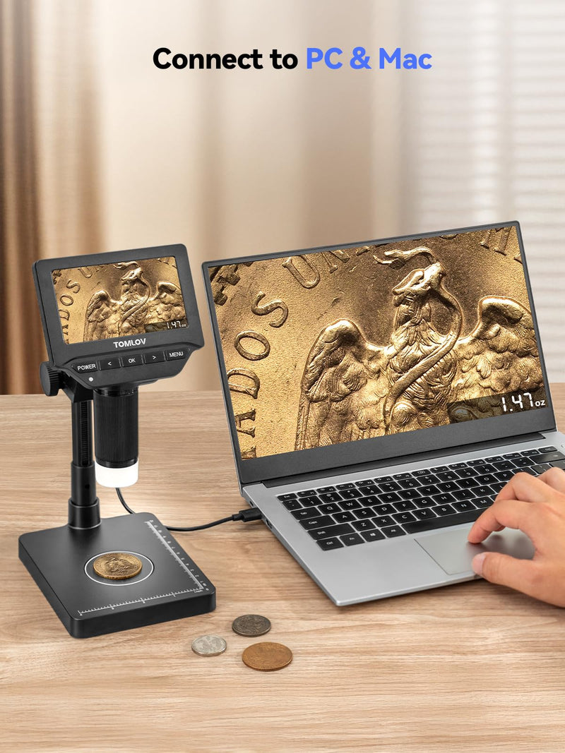 TOMLOV DM4W Microscope with Weighing Scale: 4.3" Digital Coin Microscope with Screen, Error Coin Magnifier with Lights, Weight Scale for Collectors, Jeweler, Students, Compatible with Windows/Mac Digital Microscope with 4.3 Inch Screen