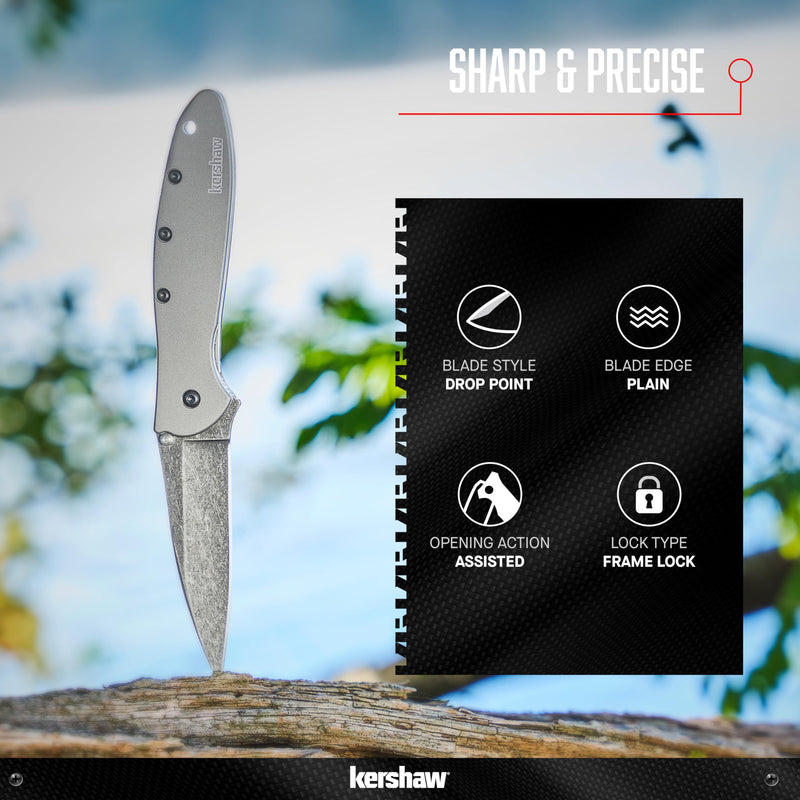 Kershaw Leek, BlackWash Pocket Knife (1660BLKW); 3 Sandvik 14C28N Steel Blade, 410 Stainless Steel Handle, BlackWash Finish, SpeedSafe Assisted Open, Frame and Tip Locks, Reversible Pocketclip; 3 OZ Silver
