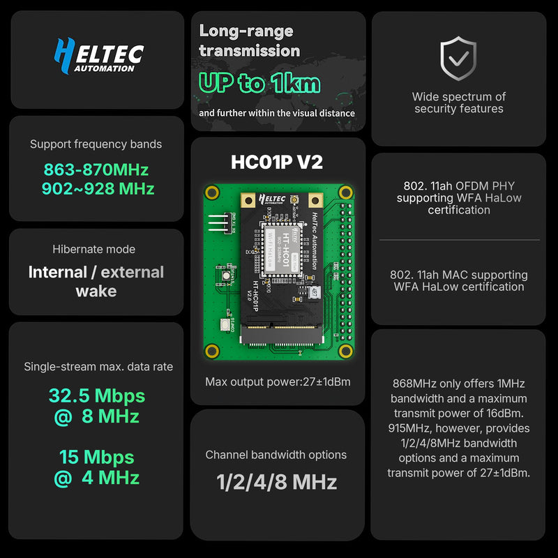 Heltec WiFi HaLow Module V2, 802.11ah Mini PCIe | 27±1 dBm High Power, for Long-Range IoT Data Transmission, 1-2km Coverage, 32.5Mbps Max Data Rate, 902-928 MHz Support