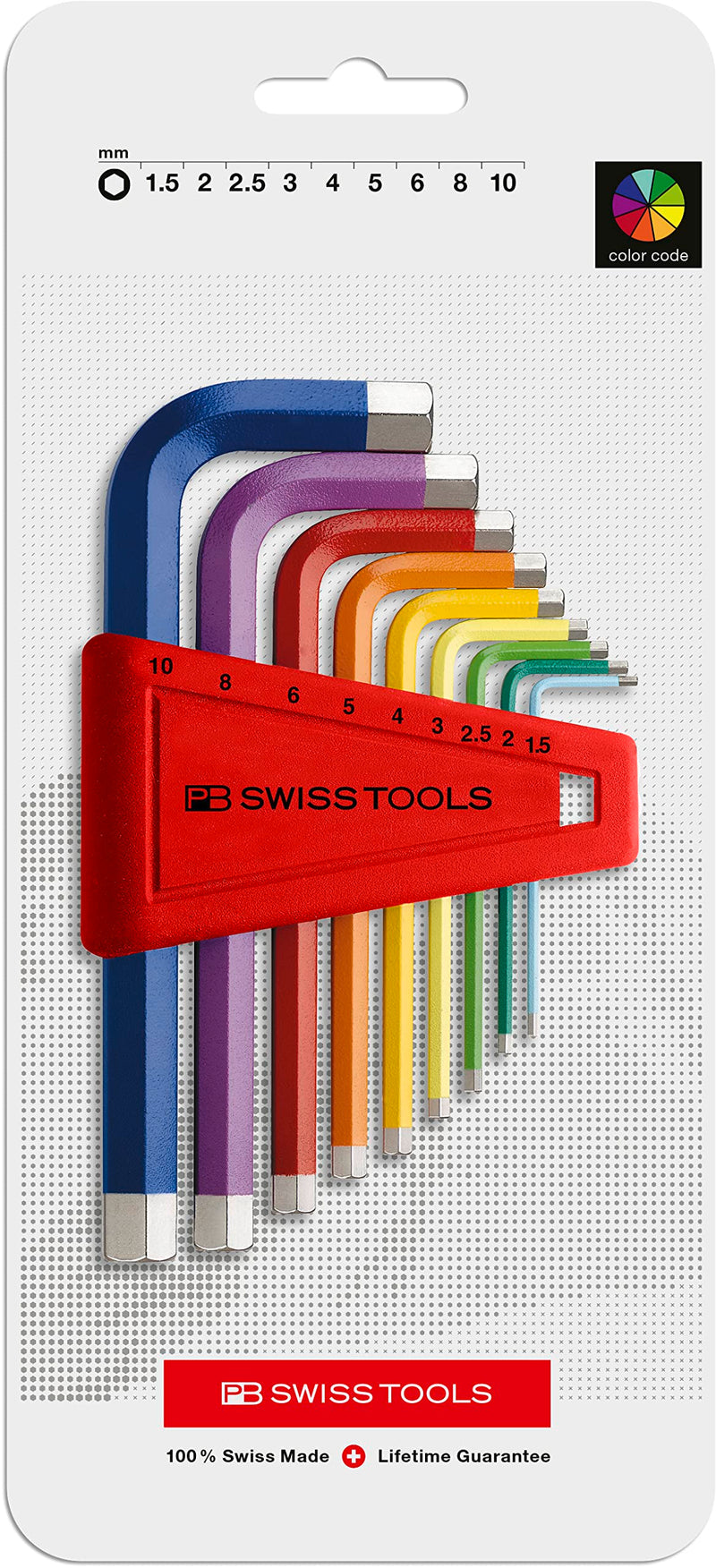 PB SWISS TOOLS 9 Rainbow Key L-Wrenches with Precisely Chamfered Edges and Colour Coded by Size, Model #210.H-10 RB, Set in a Practical Plastic Holder PB 210.H-10 RB CN (1.5-10 mm)